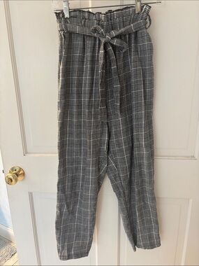 High-Waist Plaid Paperbag Trousers - Gray